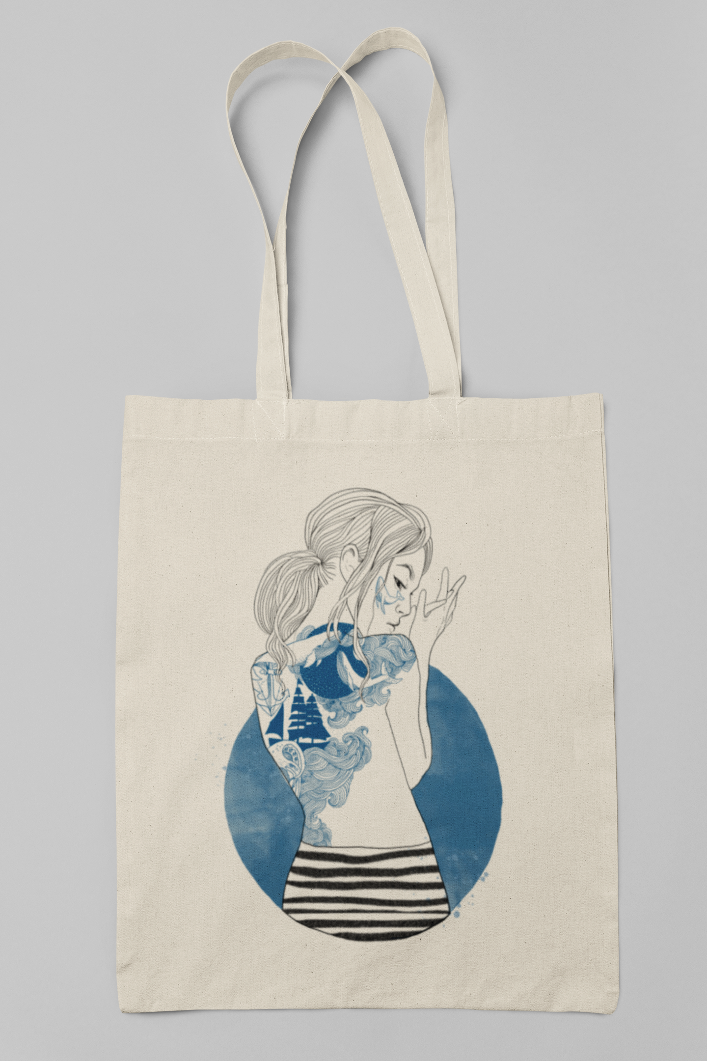 Baumwolltasche "Blue Ink" mit langem Henkel
