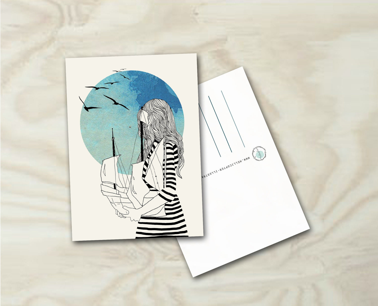 Maritime Postkarte mit Mädchen und Boot – Hellicopter Illustration von Helke Rah