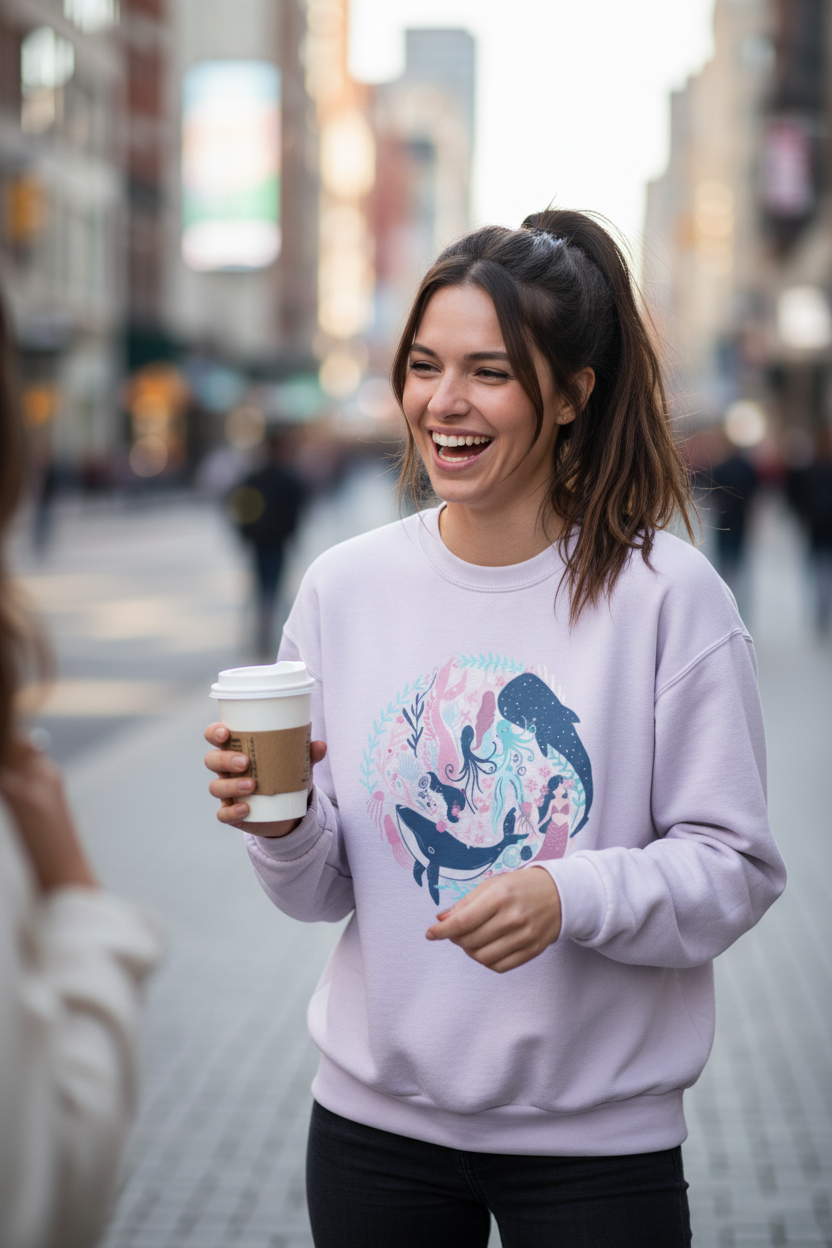 Super Motiv! Anderes Modell mit Pferdeschwanz unterhält sich mit einer Freundin Off-Screen und lacht dabei. Getränk ist ein Kaffee.